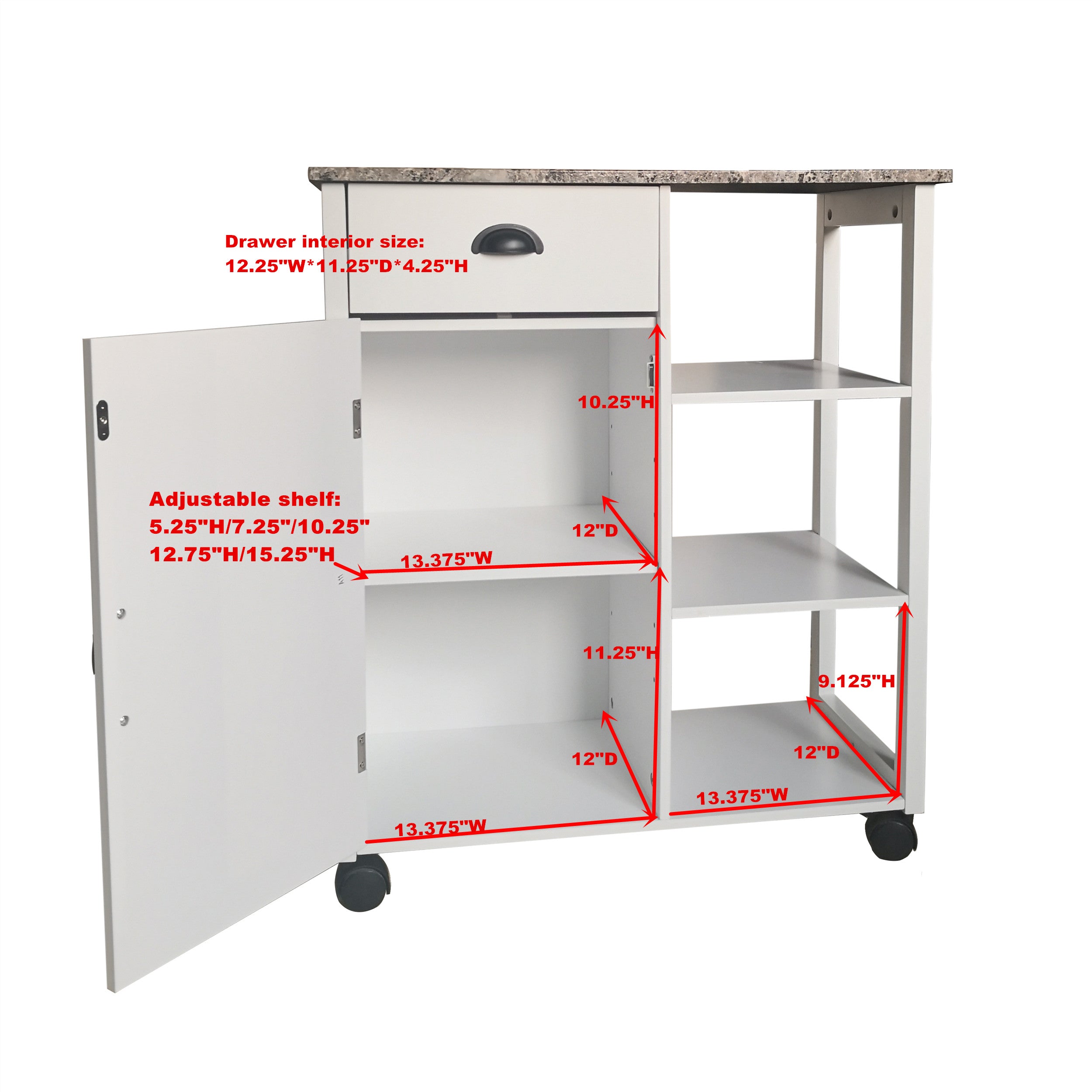 Brody Wheeled Kitchen Island Serving Cart With Storage Cabinet， Drawer and Shelves， White Wood and Faux Marble Top， Contemporary