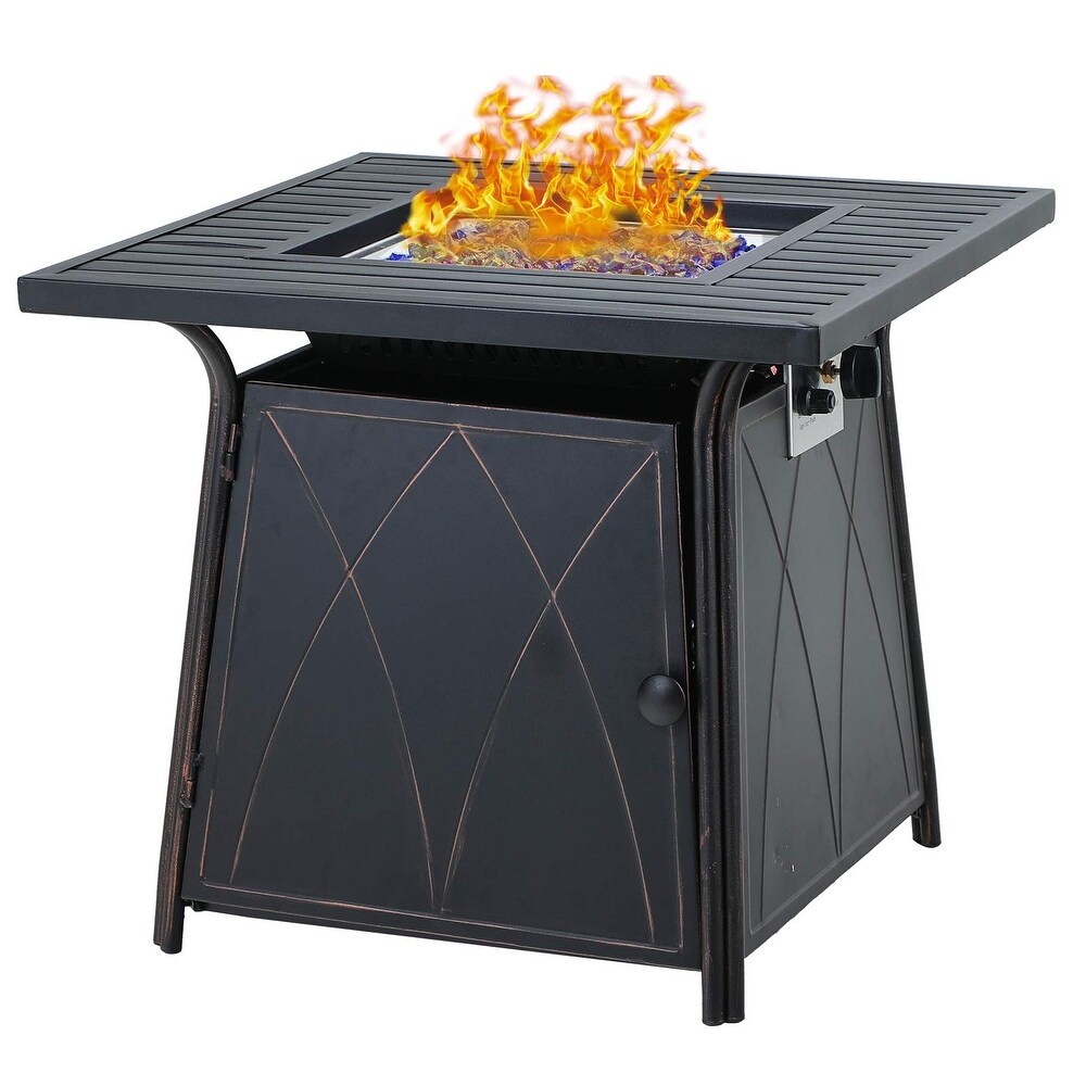 Gas Fire Pit Table  28 Inch 50 000BTU Progane Fire Pits Table with Blue Fire Glass and Lid  Black