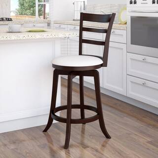 CORLIVING Woodgrove 25 in. Counter Height Wood Swivel Bar Stools with White Leatherette Seat and 3-Slat Backrest DWG-494-B