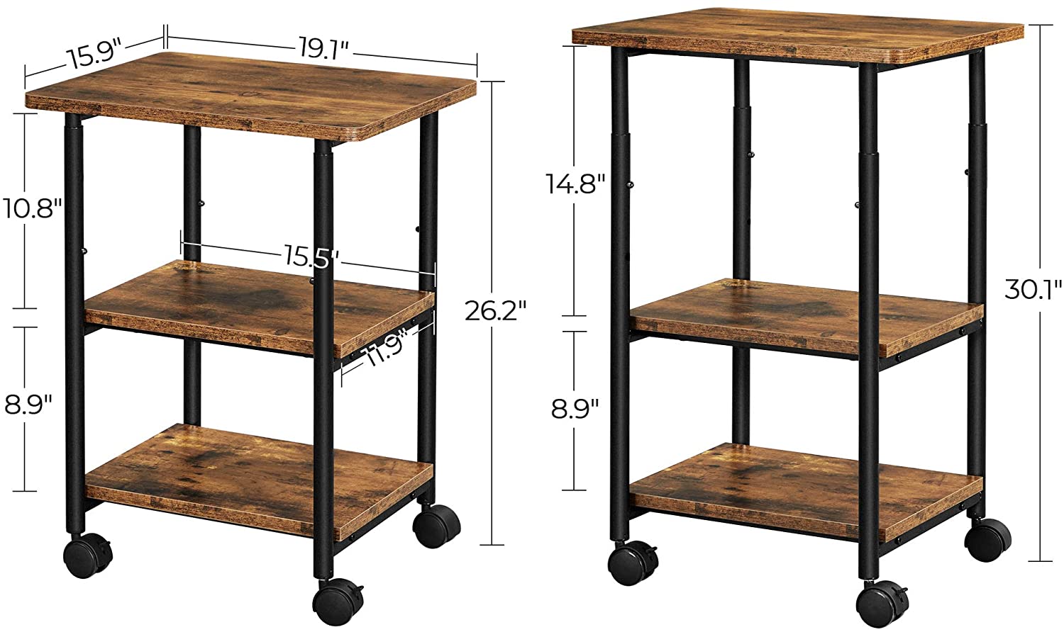 VASAGLE 3-Tier Machine Cart with Wheels and Adjustable Table Top