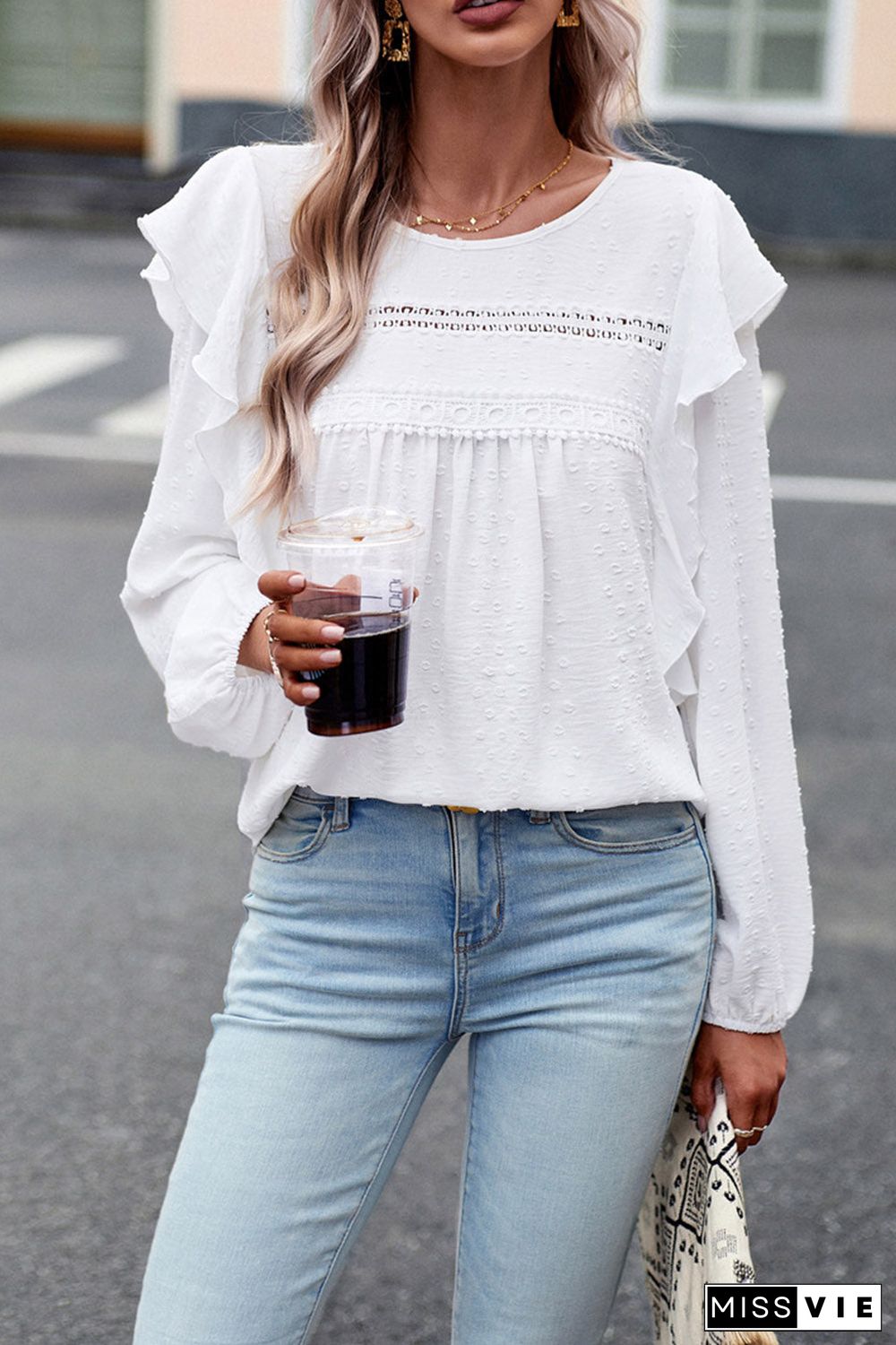 Lace Eyelet Ruffle Shoulder Long Sleeve Blouse