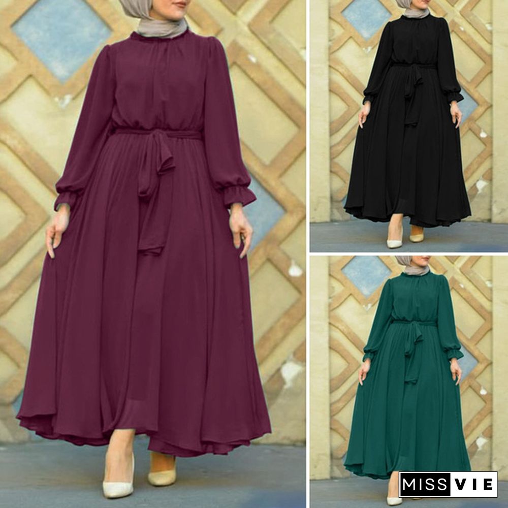 ZANZEA Elegant Spring Long Sleeve Solid Maxi Long Dress Women Sundress Abaya Muslim Robe Lace Up Vestido