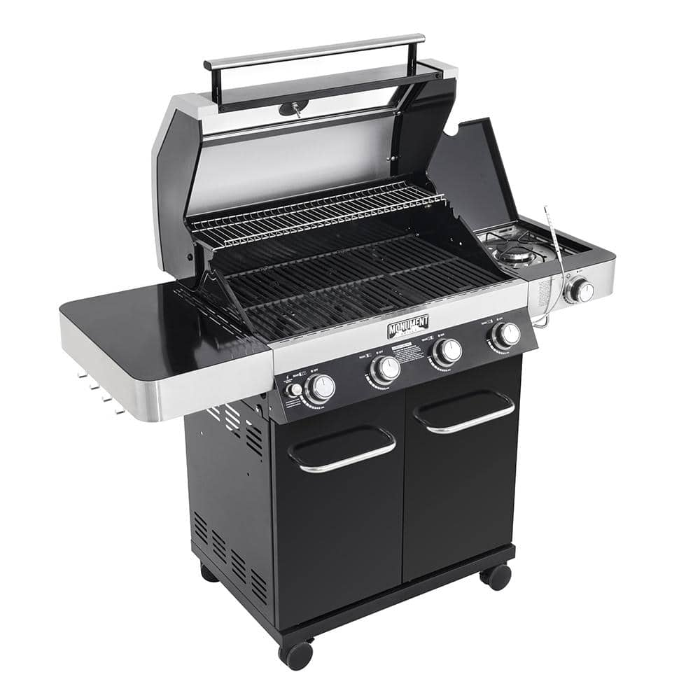 Monument Grills 4-Burner Propane Gas Grill in Black with ClearView Lid, LED Controls, Side Burner and USB Light 24633