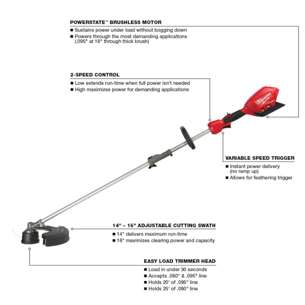 MW M18 FUEL 18V Lithium-Ion Brushless Cordless QUIK-LOK String Grass Trimmer with M18 Rubber Broom  Pole Saw Attachments 2825-20ST-49-16-2740-49-16-2720