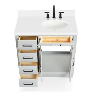 ARIEL Hepburn 37 in. W x 22 in. D x 36 in. H Bath Vanity in Grey with White Pure Quartz Vanity Top with White Basin T037SRWQOVOGRY