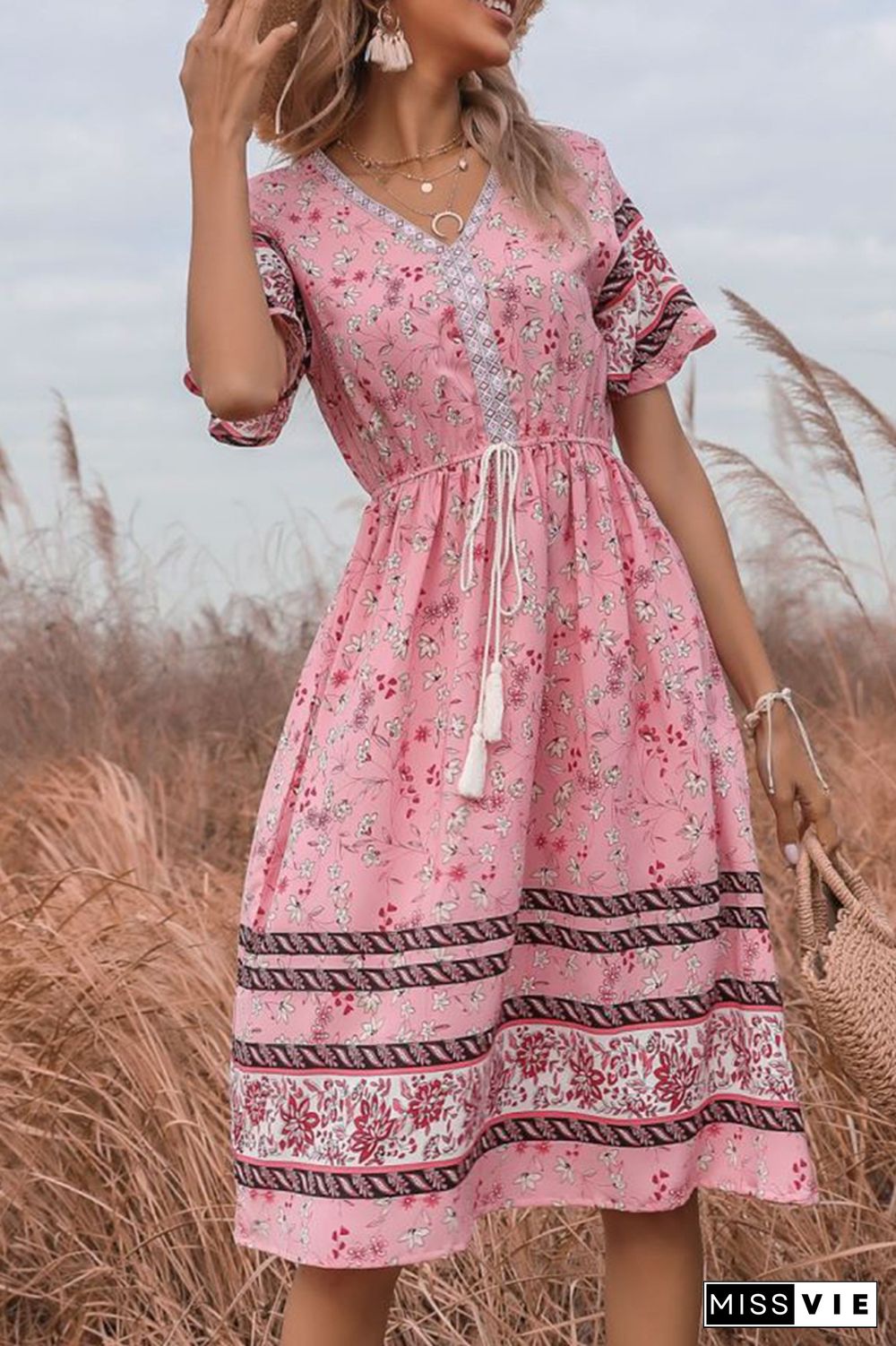 Bohemia Style Pink Floral Print Dress Wholesale