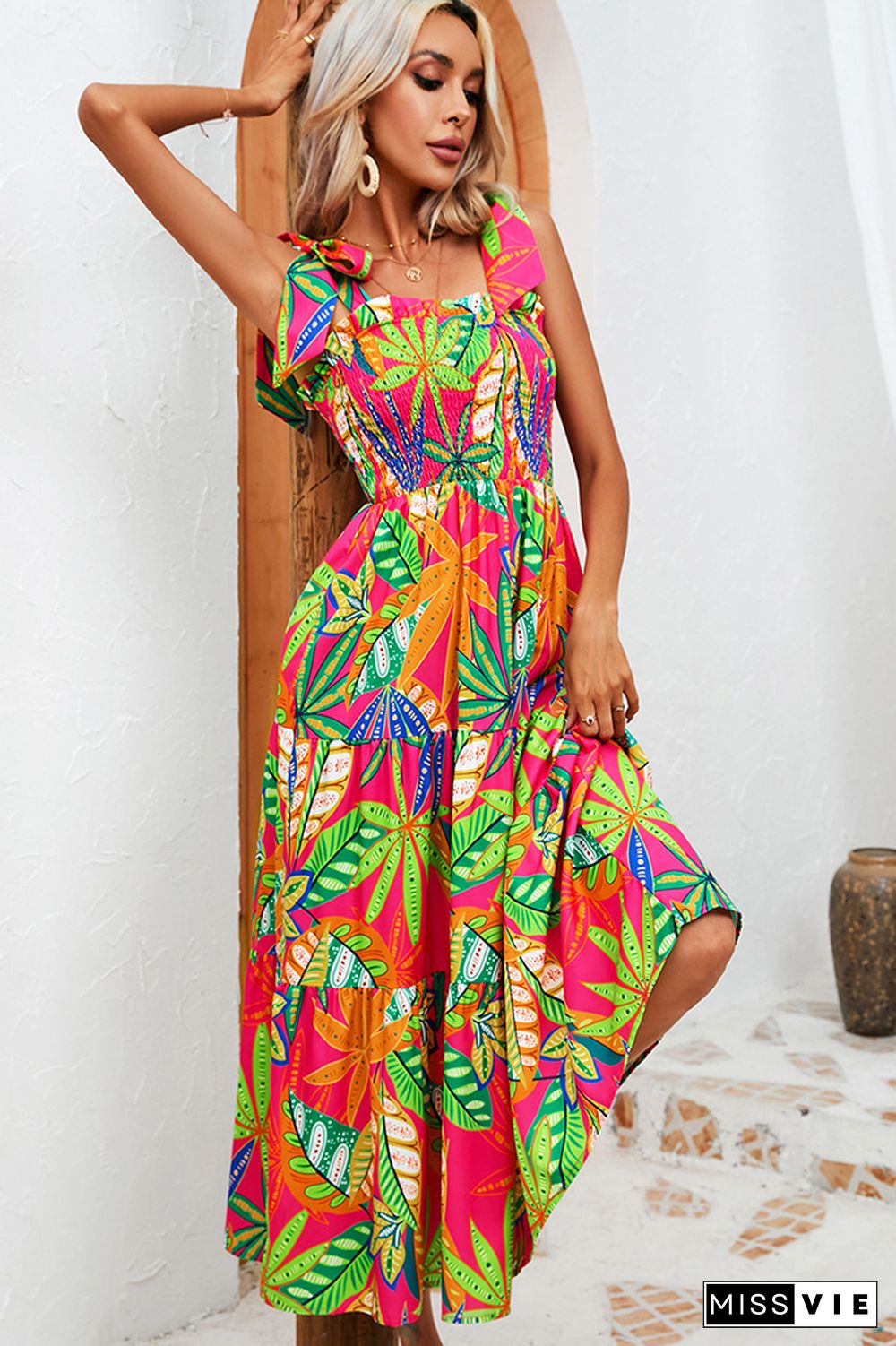 Smocked Tie Strap Tiered Floral Maxi Dress