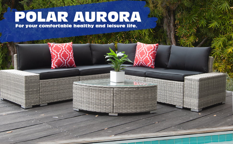 Polar Aurora 6-Pieces Patio Furniture Set Outdoor Sofa Conversation Couch with Glass Coffee Table - Black/Gray