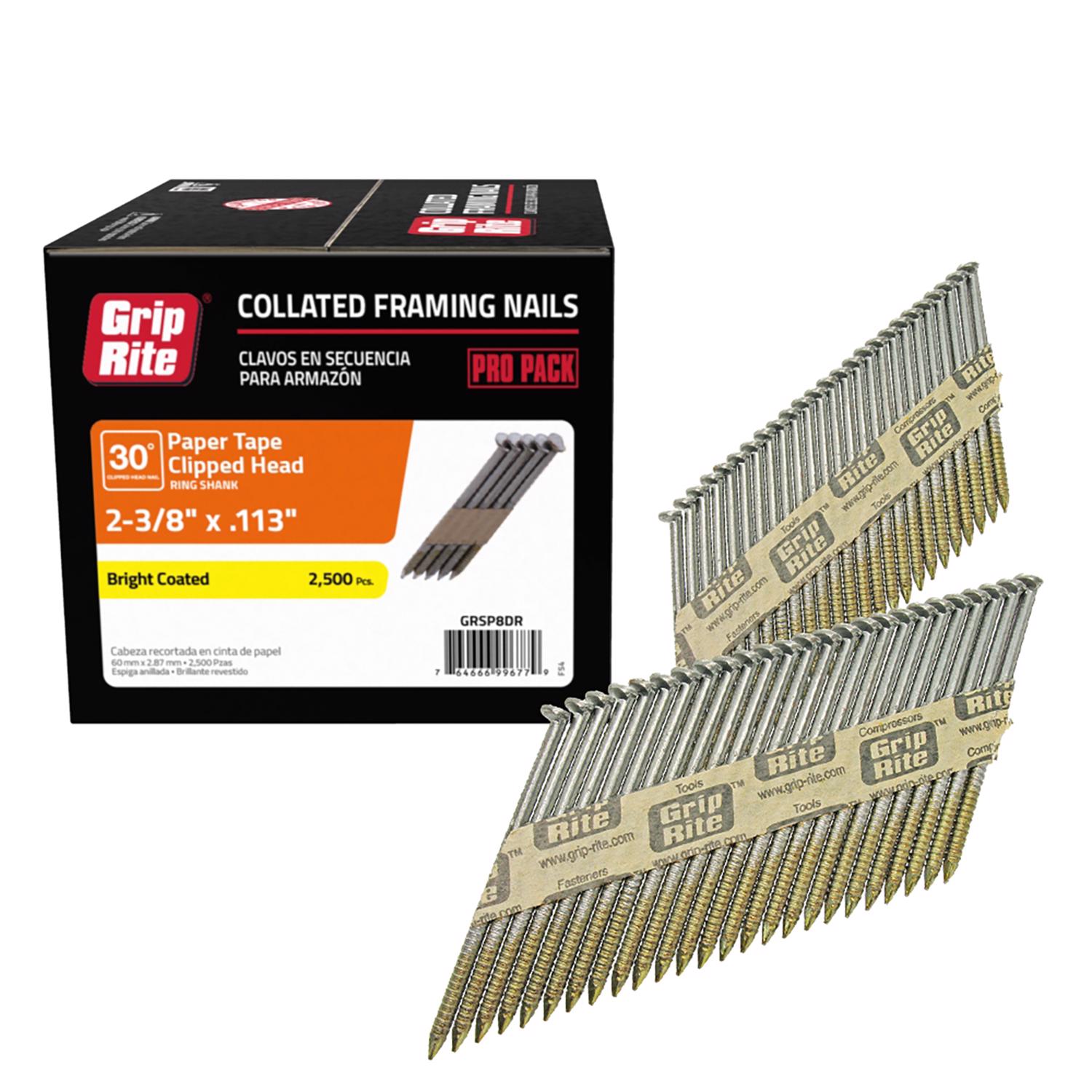 Grip-Rite 2-3/8 in. Angled Strip Bright Framing Nails 30 deg 2500 pk