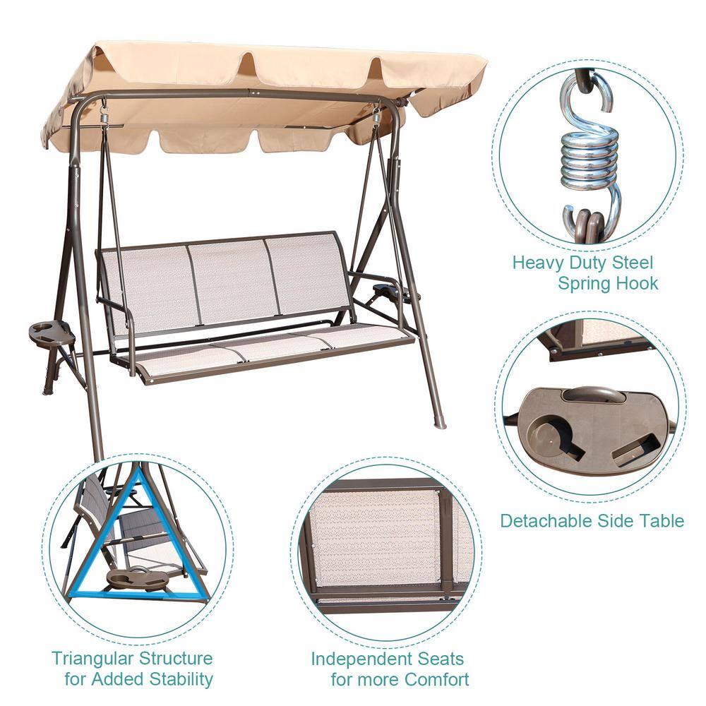 Tatayosi 3Person Beige Metal Outdoor Patio Swing Chair with Canopy