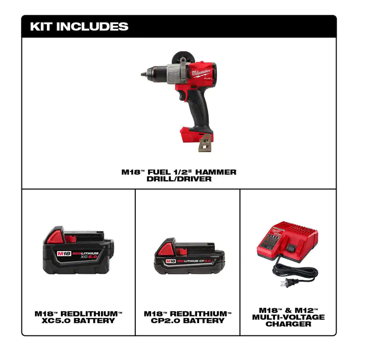 Milwaukee 2804-20-48-59-1852 M18 FUEL 18-Volt Lithium-Ion Brushless Cordless 1/2 in. Hammer Drill/Driver w/ (1) 5.0 Ah， (1) 2.0 Ah Battery and Charger