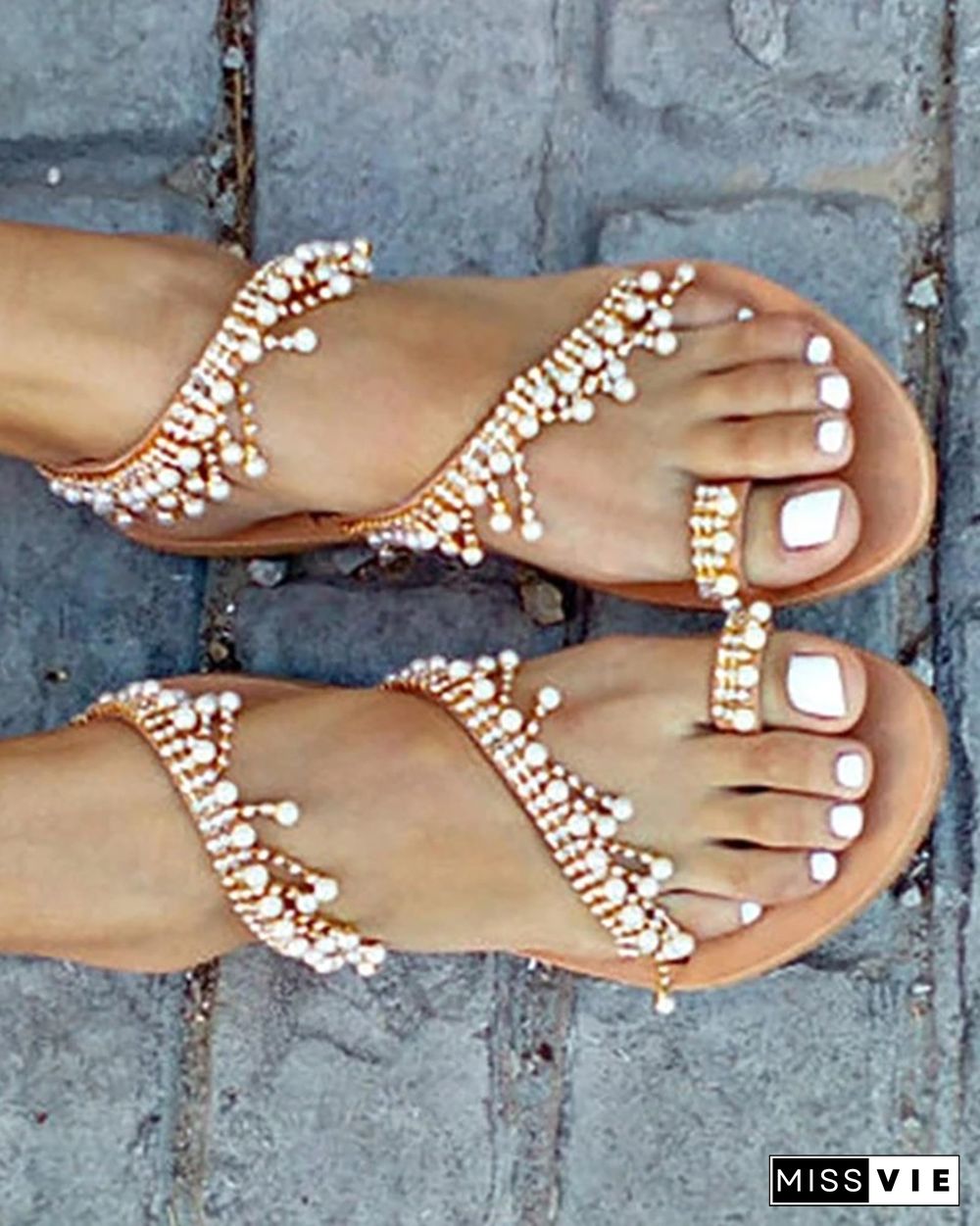 Shiny Embellished Toe Post Flat Sandals