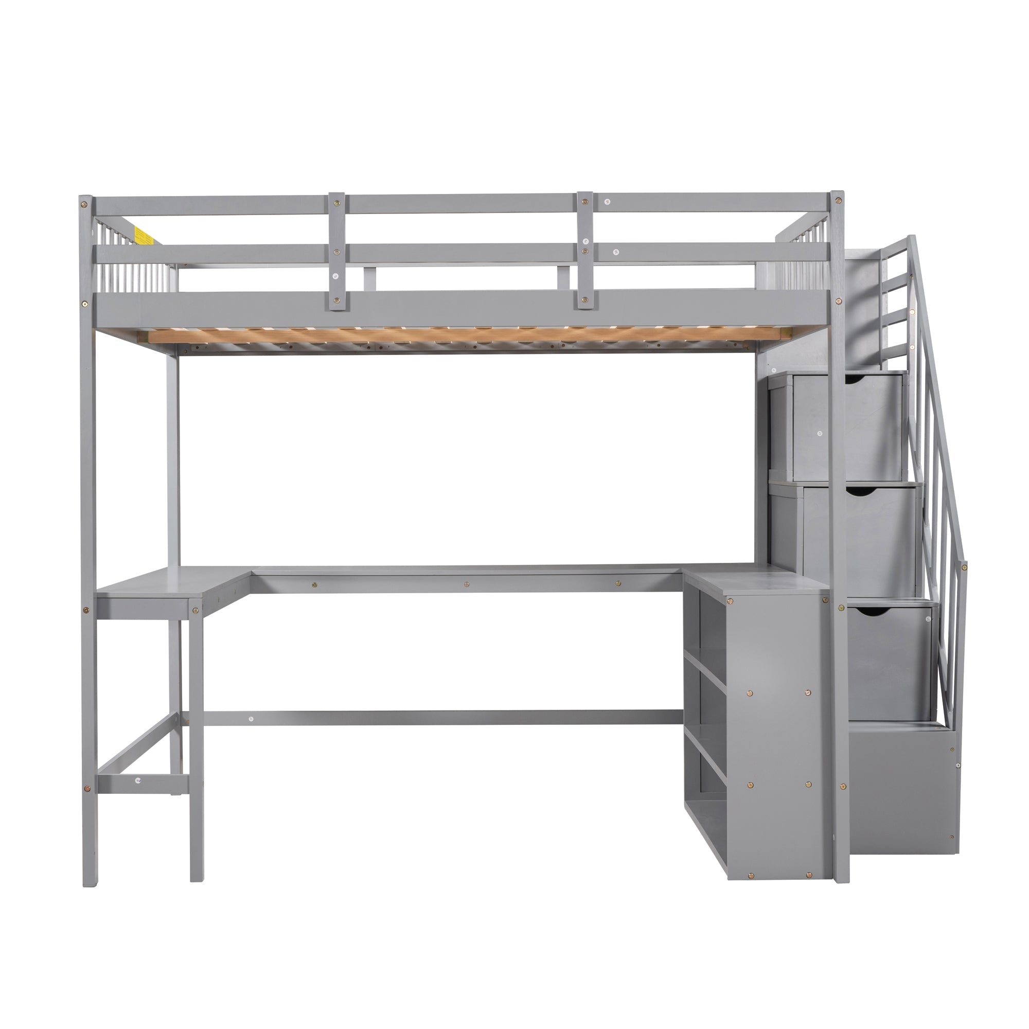 Wood Full Loft Bed with Desk, Shelf and Storage Staircase for Kids, Gray