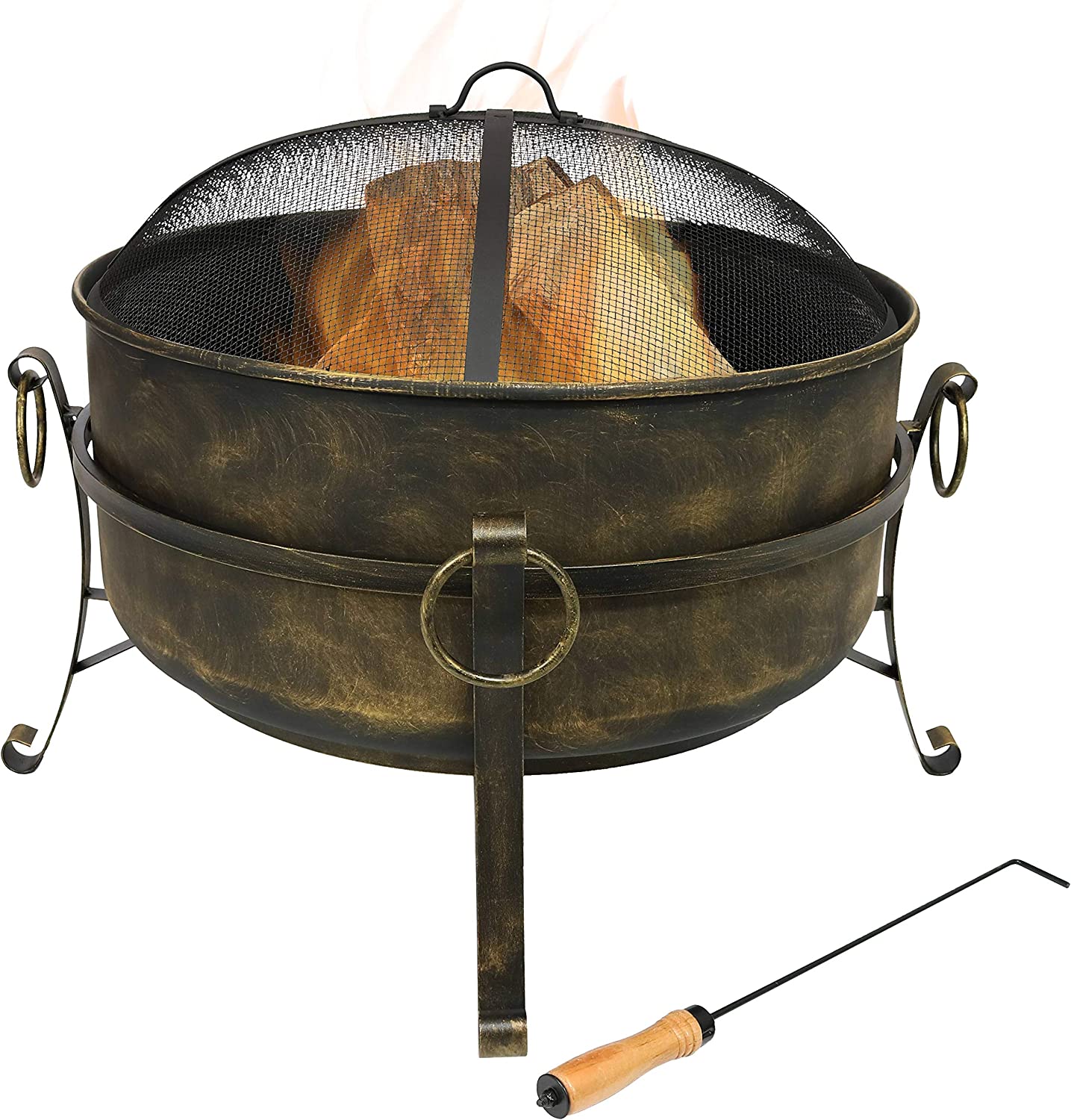 Sunnydaze Outdoor Cauldron Fire Pit - 24-Inch Backyard and Patio Wood-Burning Fire Pit for Outside with Round Spark Screen， Fireplace Poker， and Metal Grate