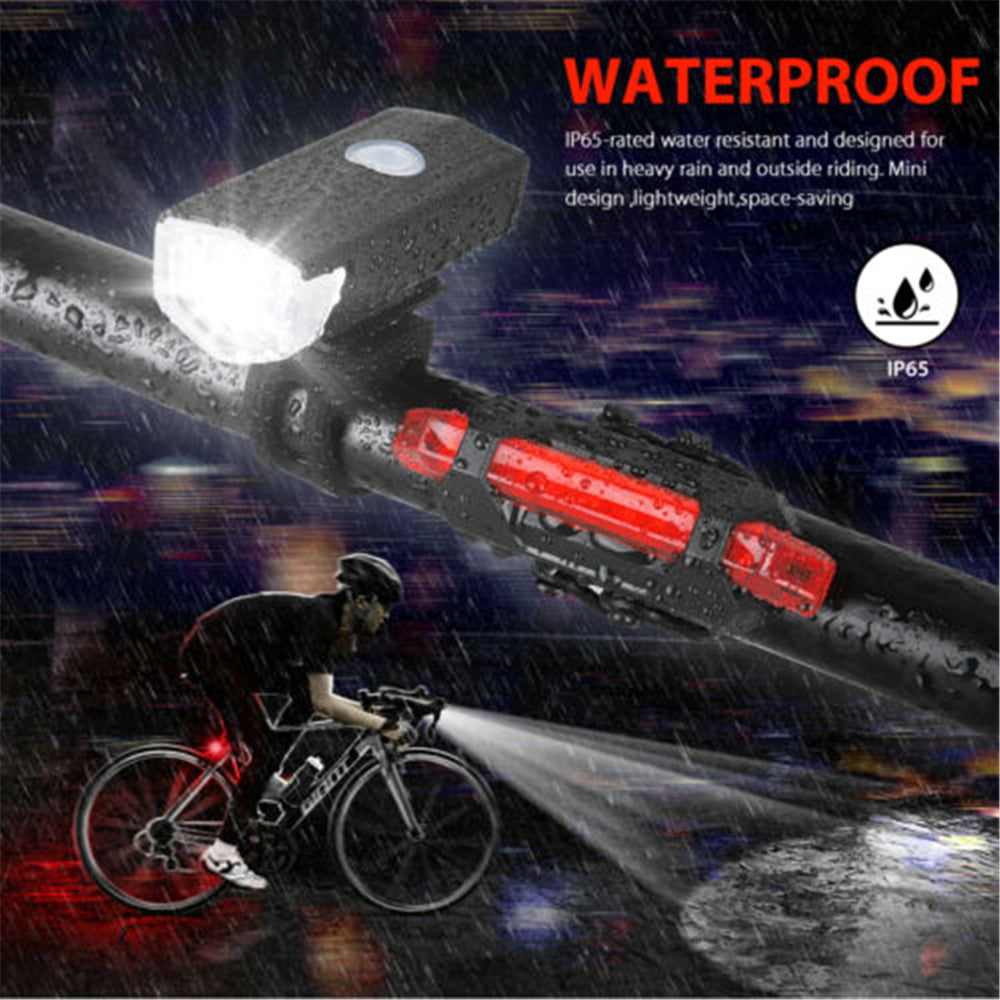 300 Lumen USB Rechargeable Bike Light， LED Bike Headlight and Taillight Set Super Bright Bicycle Light IPX5 Waterproof Powerful Safety Flashlight for Riding Hiking Camp Cycling Mountain Street Road-2pks