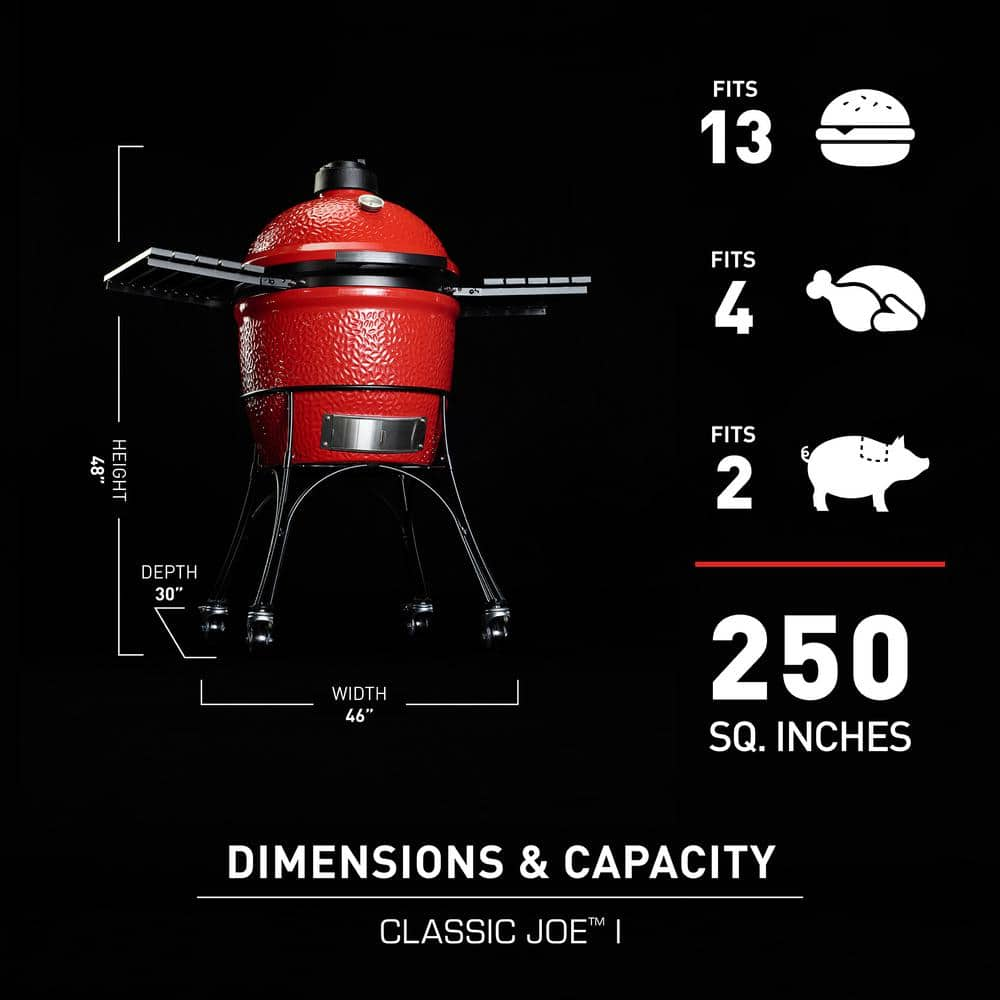 Kamado Joe Classic Joe I 18 in. Charcoal Grill in Red with Cart, Side Shelves, Grate Gripper, and Ash Tool KJ23RH