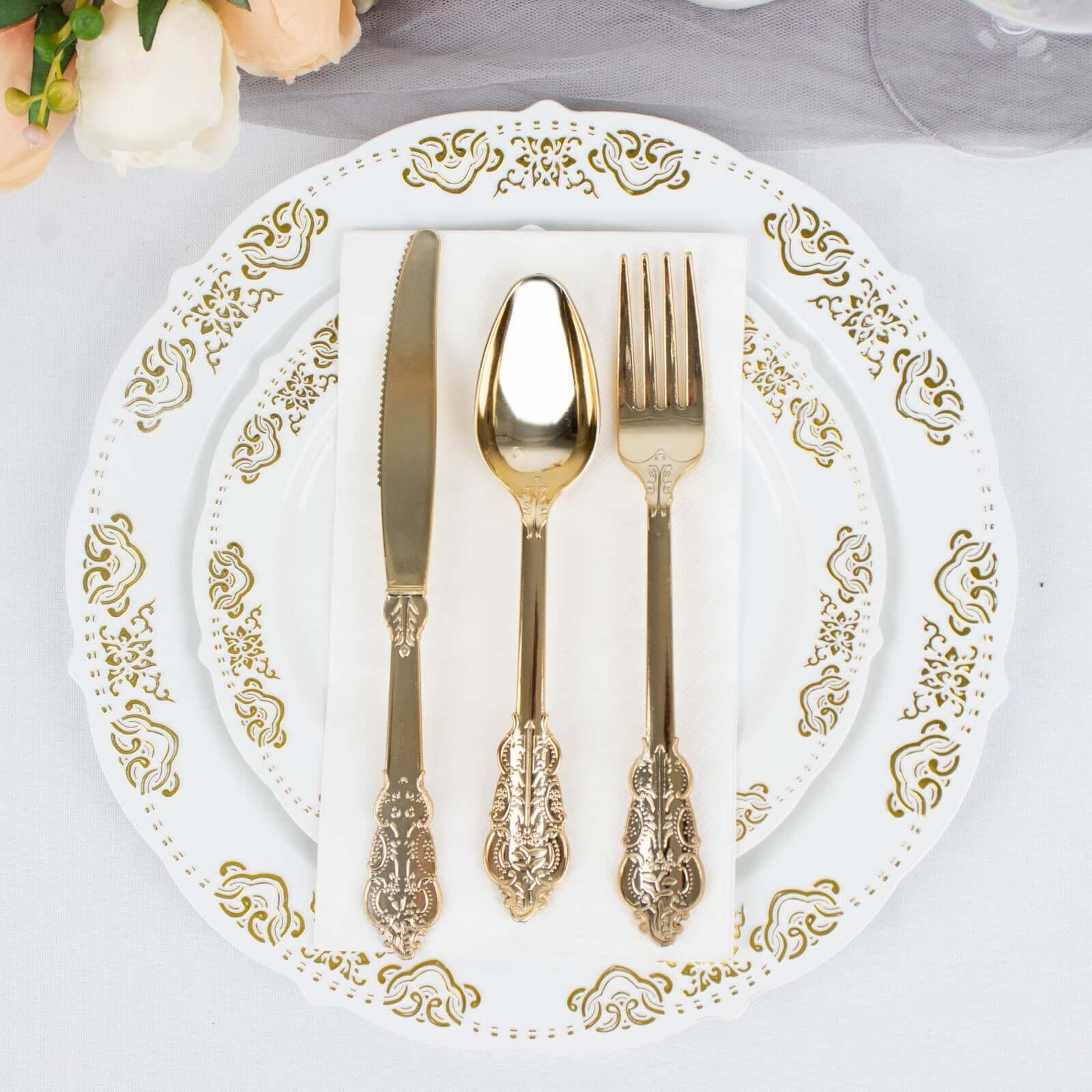 24 Pack Metallic Gold Baroque Style Heavy Duty Plastic Silverware Set