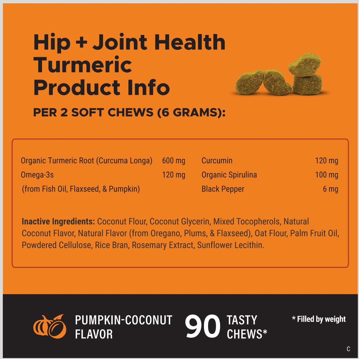 PetHonesty Hip + Joint Health Turmeric Pumpkin and Coconut Flavored Soft Chews Joint Supplement for Dogs