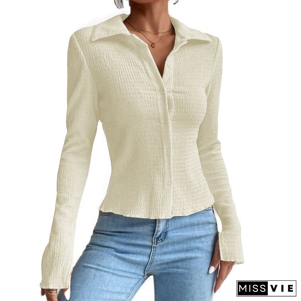 Women's Solid Color Stitching Sleeve Button Lapel Blouses