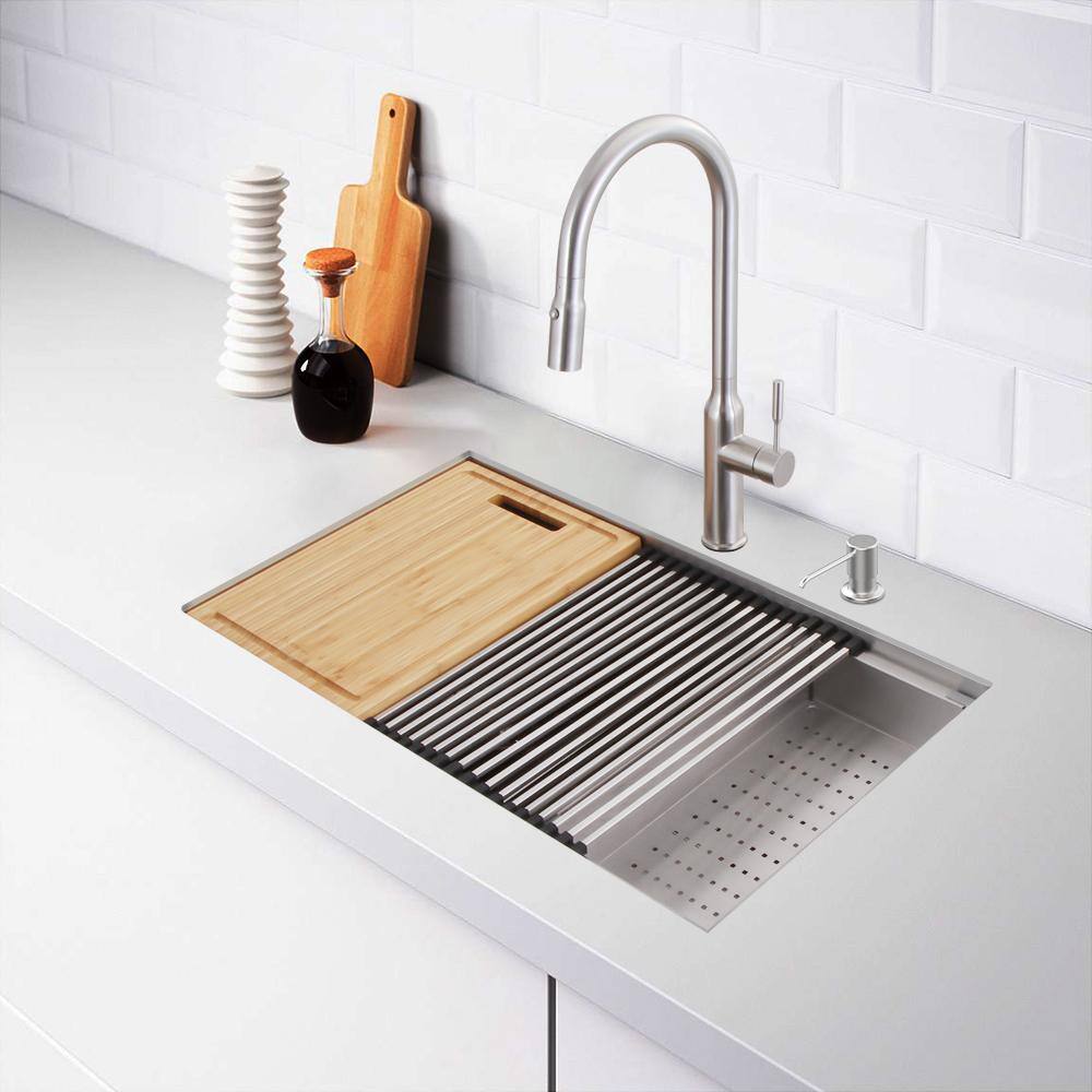 Glacier Bay Zero Radius Undermount 18G Stainless Steel 30 in. Single Bowl Workstation Kitchen Sink with Accessories 4304F