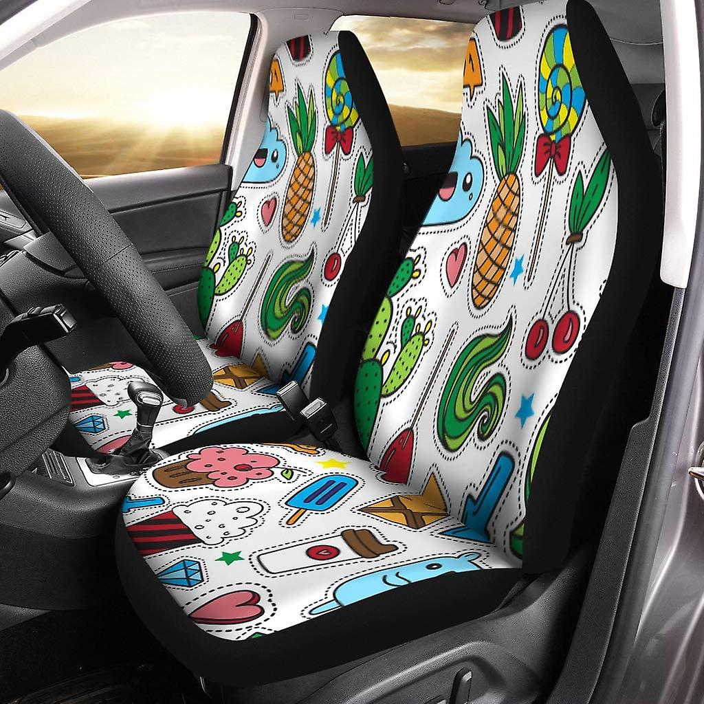 Set Of 2 Car Seat Covers Colorful Fun Of Quirky Cartoon Doodle Patch Badges Pin Universal Auto Front Seats Protector Fits D---38788