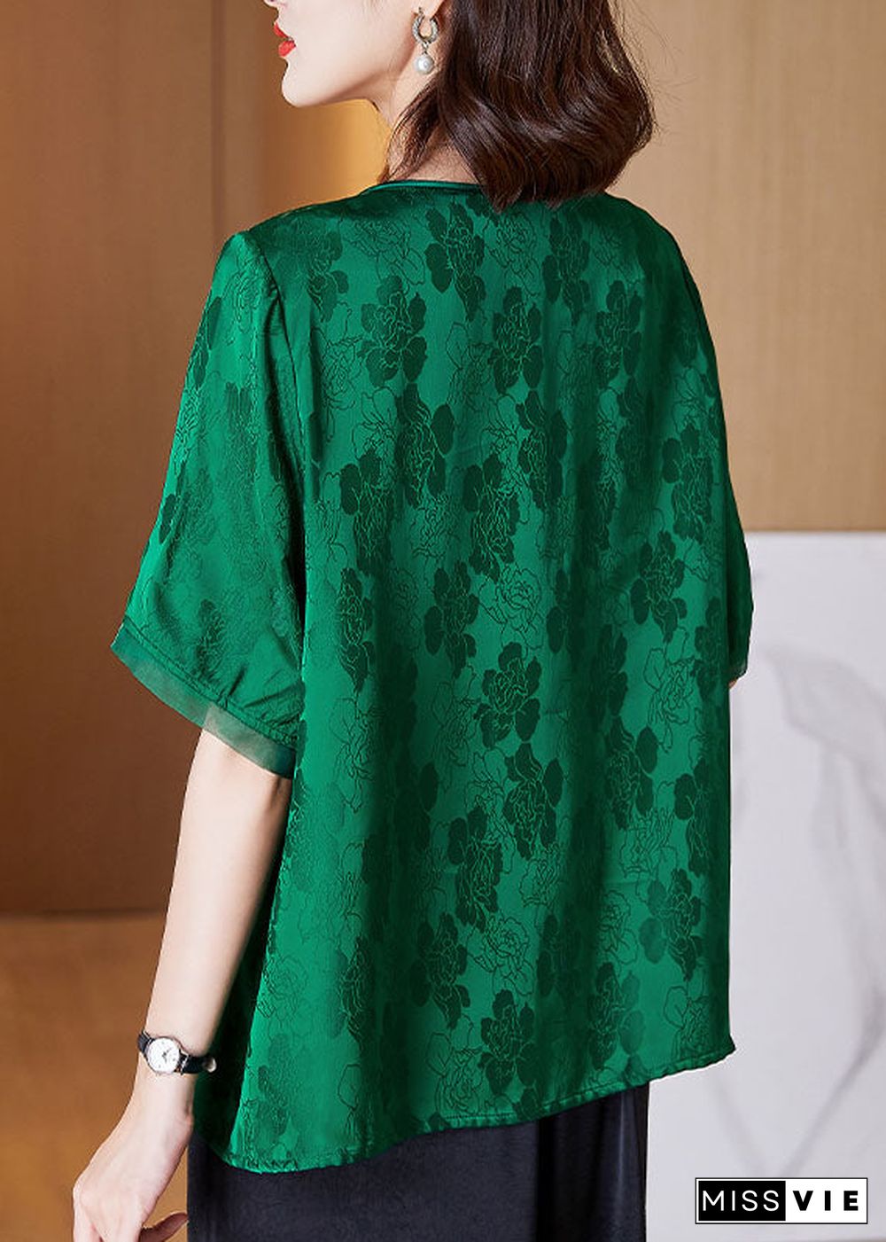 Unique Green V Neck Tassel Patchwork Jacquard Silk Shirt Short Sleeve