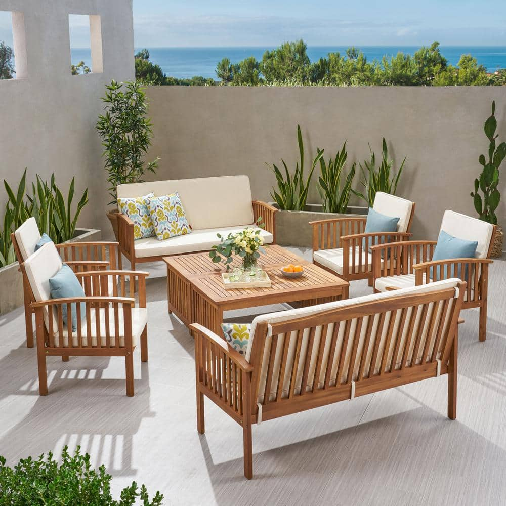 Noble House Thalia Brown 8-Piece Wood Patio Conversation Set with Cream Cushions 66753