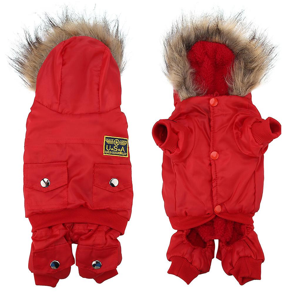 Fashionable Hooded Pet Jumpsuit Warm Waterproof Dogs Puppies Clothes Winter Coat Red M