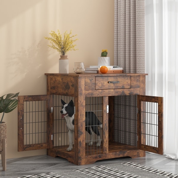 Mieres Double Door Wooden End Table Dog Crate with Double Doors， Indoor Pet Kennel Side Table with Storage Drawer