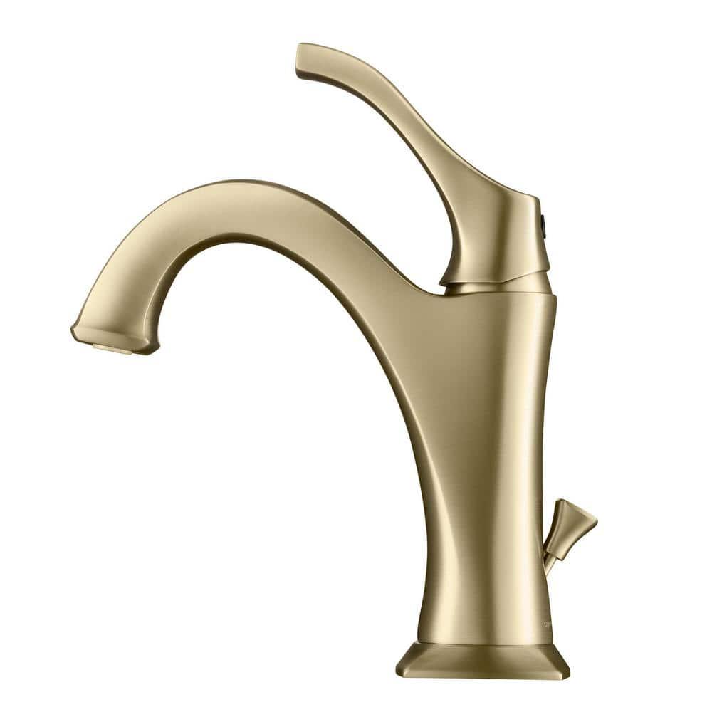 KRAUS Arlo Brushed Gold Basin Bathroom Faucet with Lift Rod Drain and Deck Plate