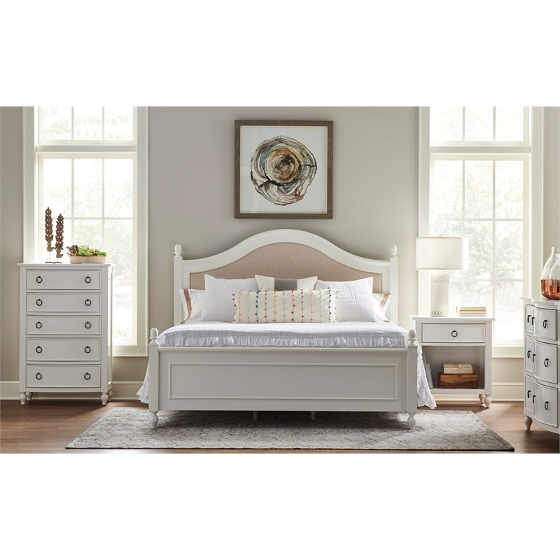 Arched Paneled Wood Framed Upholstered King Bed in White