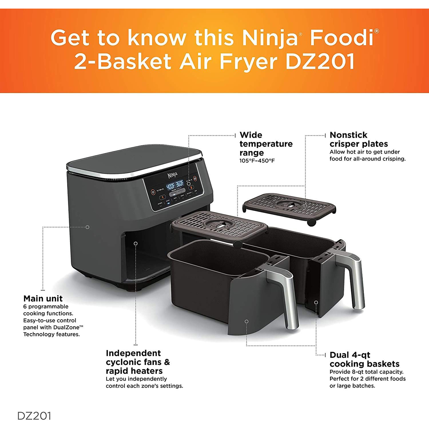 Ninja DZ100 Foodi 4-in-1 8-Quart 2-Basket Air Fryer with DualZone Technology (Certified Used)