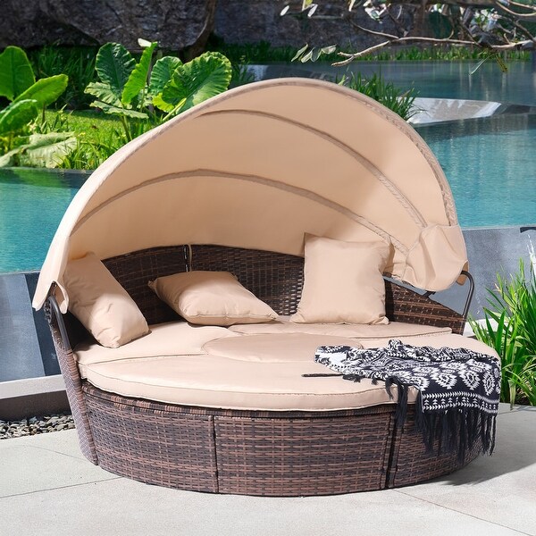 Outdoor Sectional PE Wicker Daybed with Cushions and Sun Canopy