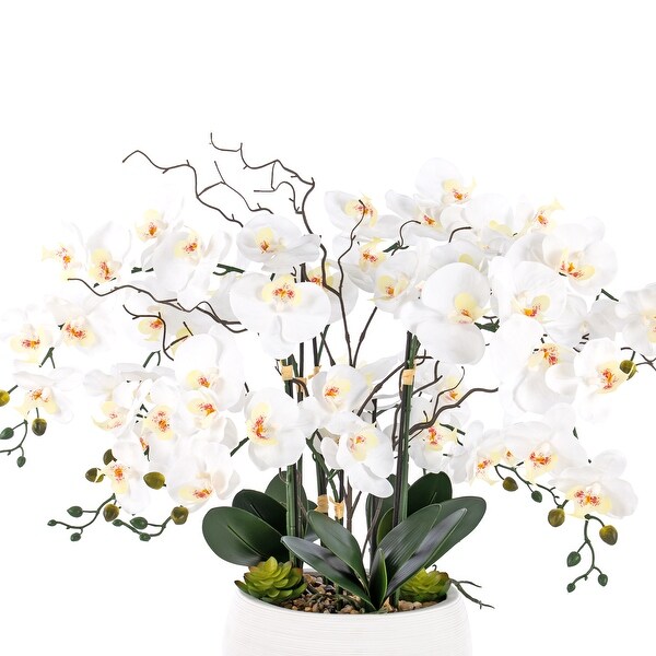 9 Stems Nearly Natural White Phalaenopsis Orchids with Succulents in White Magnesium Oxide Pot