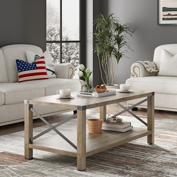 2-Tier Modern Farmhouse Coffee Table with Metal X- Frame