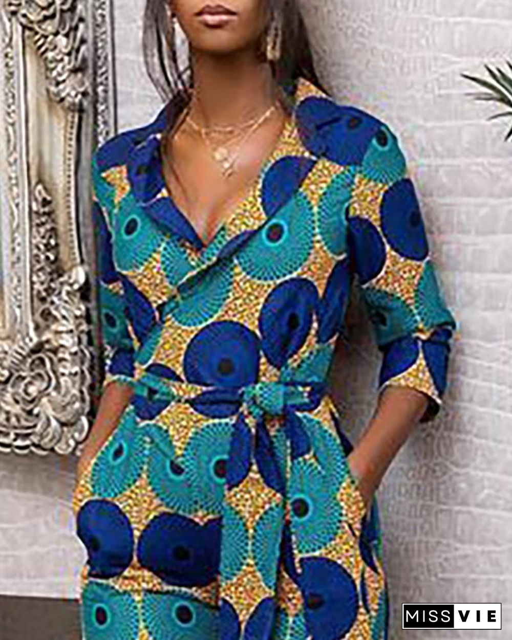 Print Colorblock Notched Neck Tied Jumpsuit