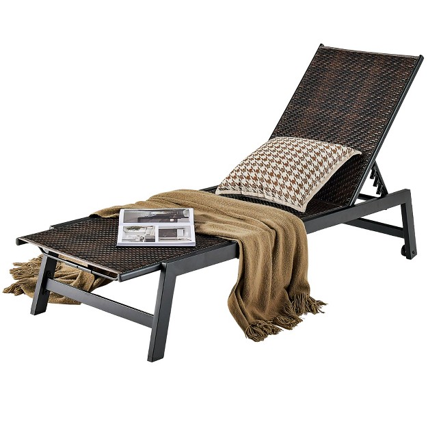 Tangkula Patio Pe Rattan Chaise Lounge Outdoor Recliner W 5 level Backrest Backyard Poolside