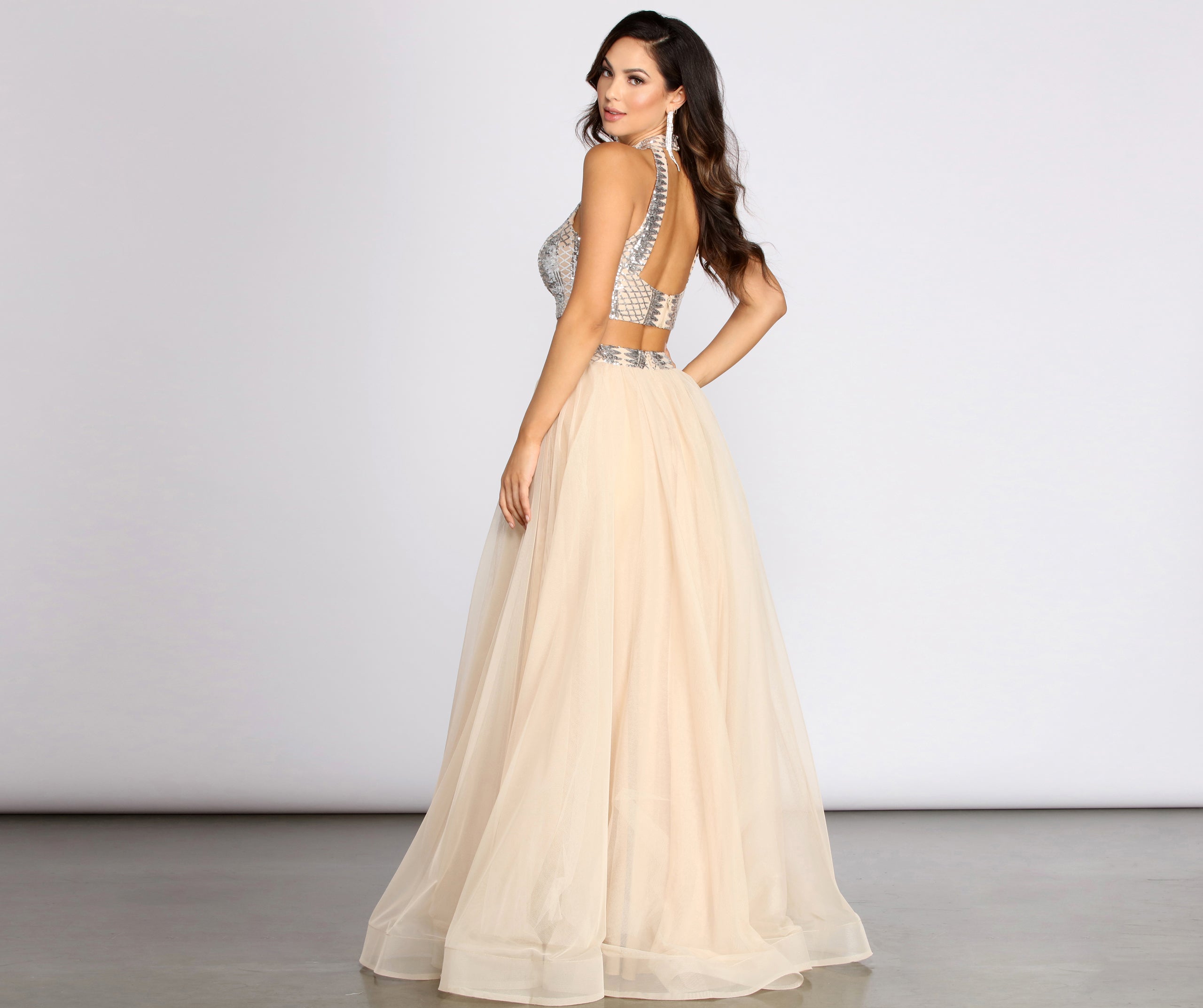 Via Two Piece High Neck Tulle Dress