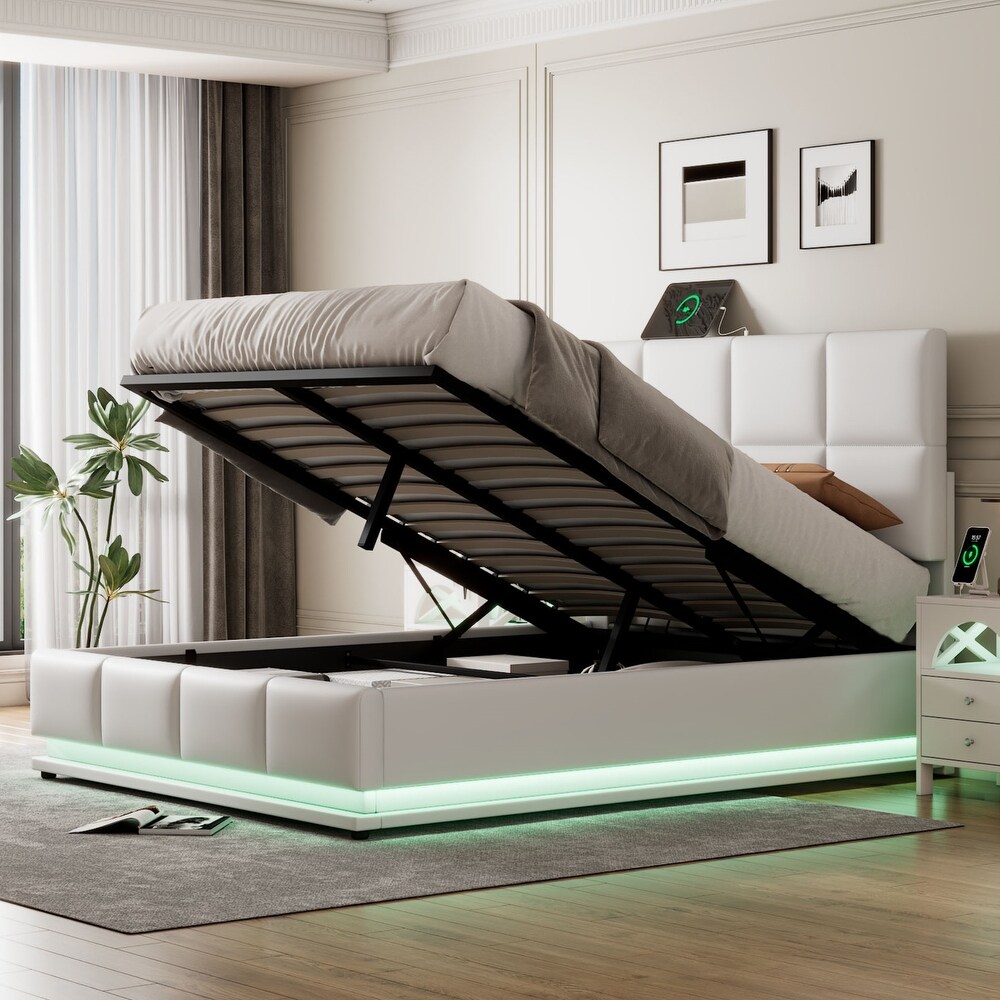 Hydraulic Storage Bed Tufted Upholstered Platform Bed with USB Charger