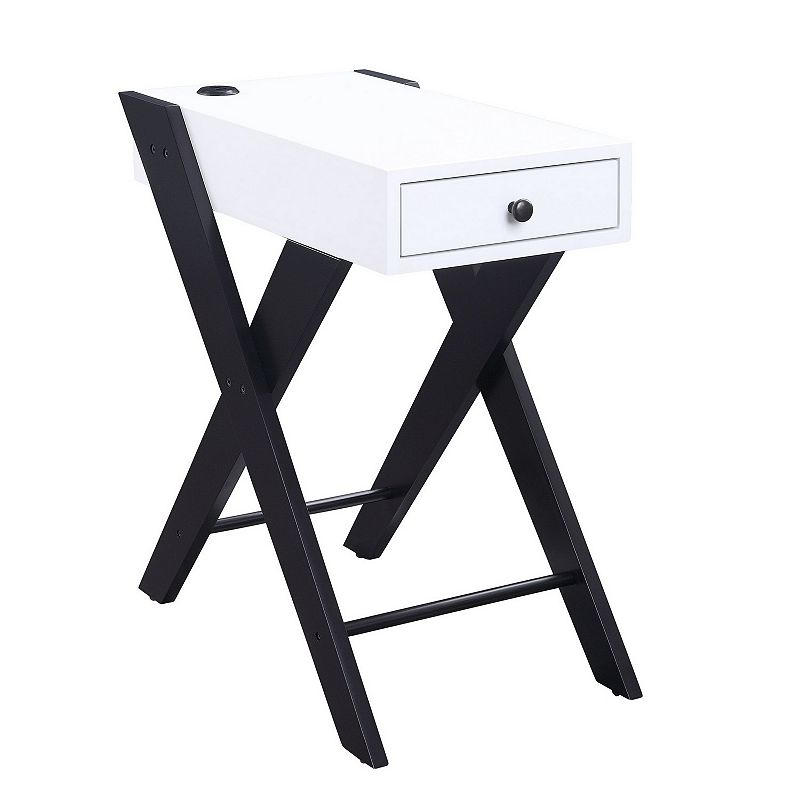 Wooden Frame Side Table with X Shaped Legs and 1 Drawer， White and Black