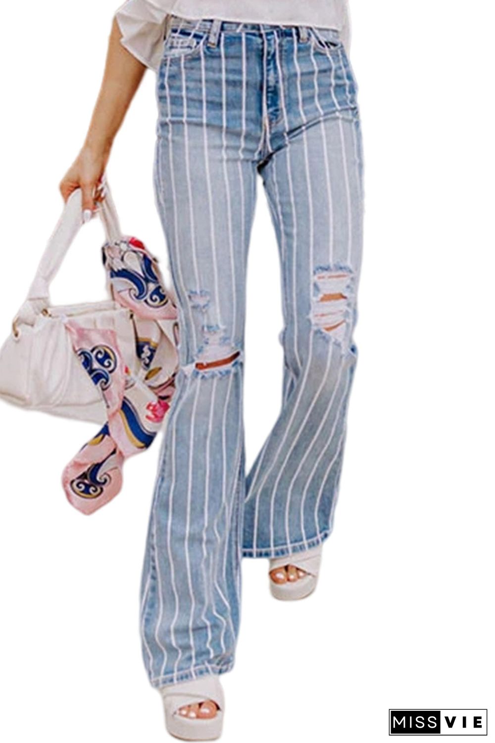 Sky Blue Vertical Striped Ripped Flare Jeans