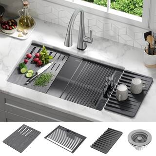 Delta Everest Dark Grey Granite Composite 30 in. Single Bowl Undermount Workstation Kitchen Sink with Accessories 75B933-30S-DG