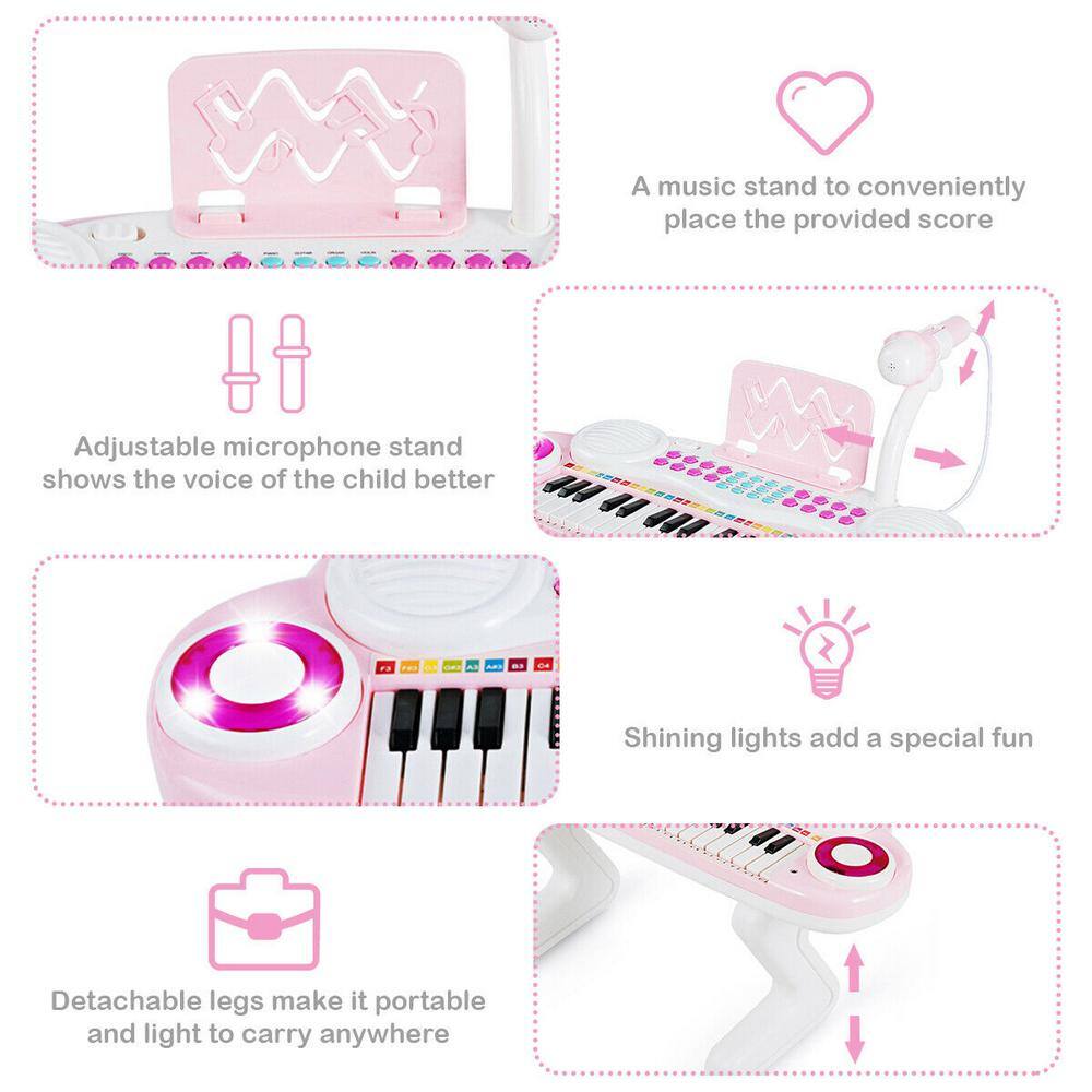 Gymax Z-Shaped Kids Toy Keyboard 37-Key Electronic Piano Pink GYM03937