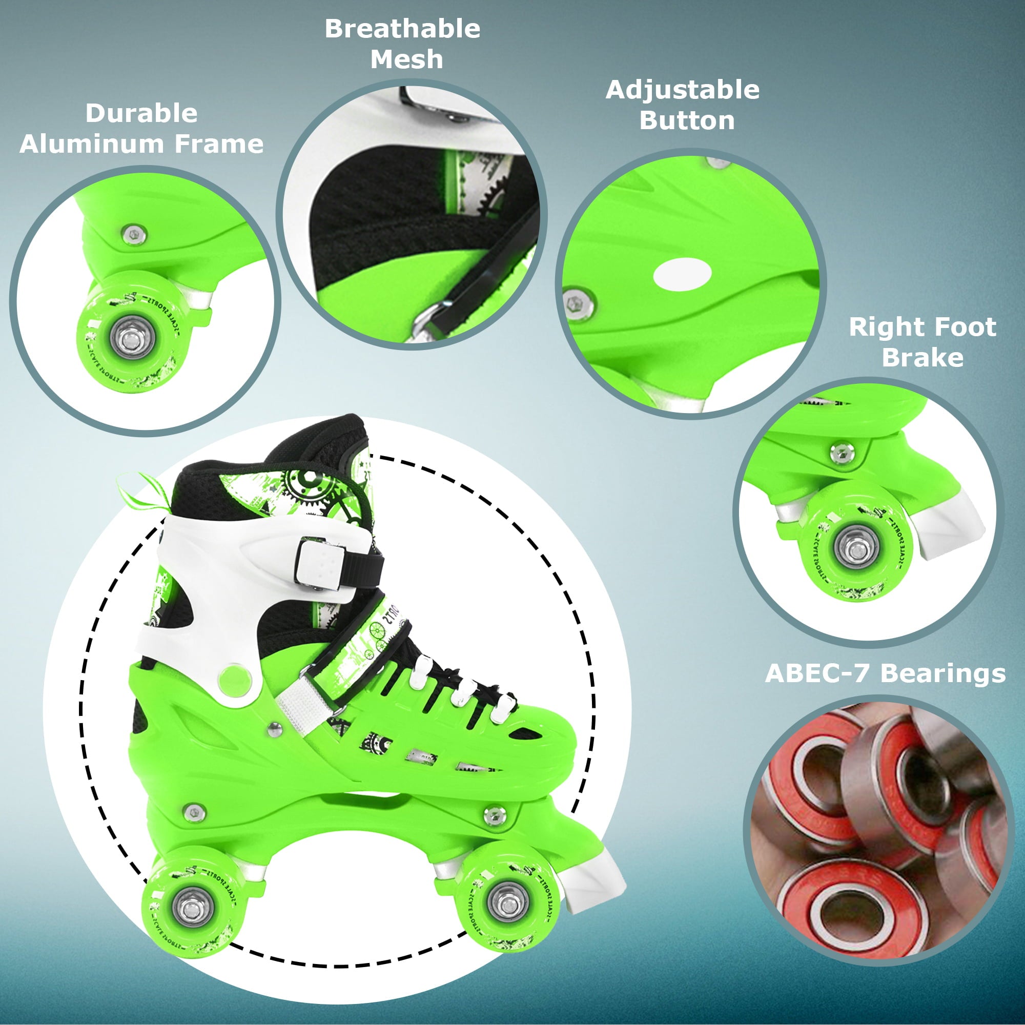 Adjustable Green Quad Roller Skates For Kids Medium Sizes