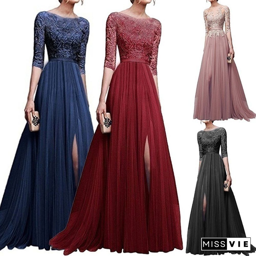 Women Long Sleeve Elegant Lace Long Dress Women A Line Tulle Party Prom Long Dress Wedding Dress Asian Size S-2XL