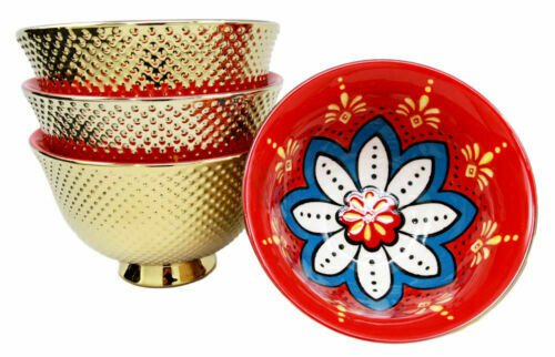 1 Set of 4 Luxury Gold Plated Ceramic Personal Dining Bowls 6D Red Lotus Blossom EBR02