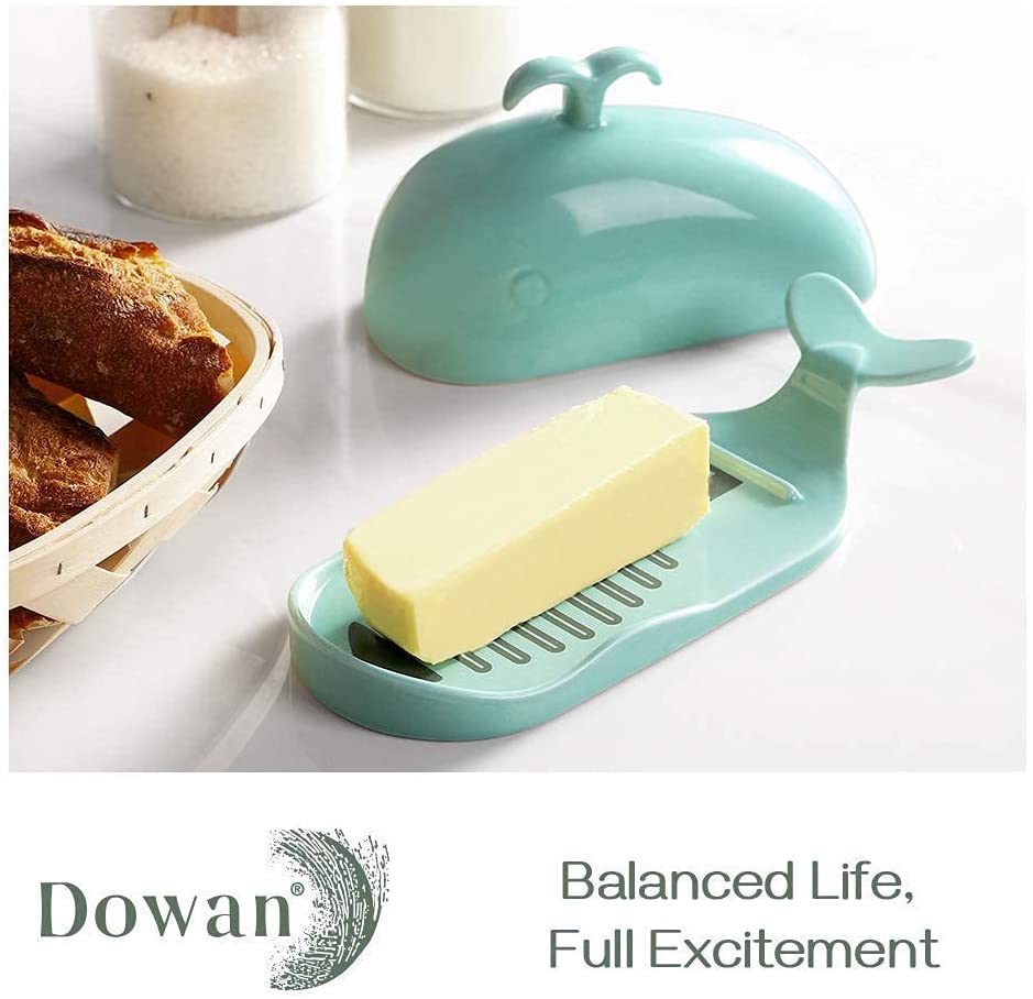 DOWAN Porcelain Butter Dish With Cutting Measuring Line， Large Whale Butter Dish with Cover of Non-slip Design， Ceramic Butter Dishes with Handle for East/West Coast Butter， Turquoise