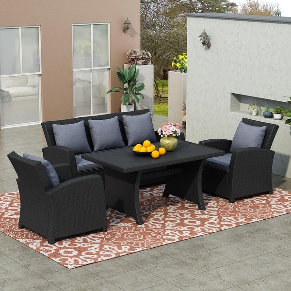 4-Piece Conversation Set Black Wicker Furniture Sofa Set with Dark Grey Cushions -  - 36005383