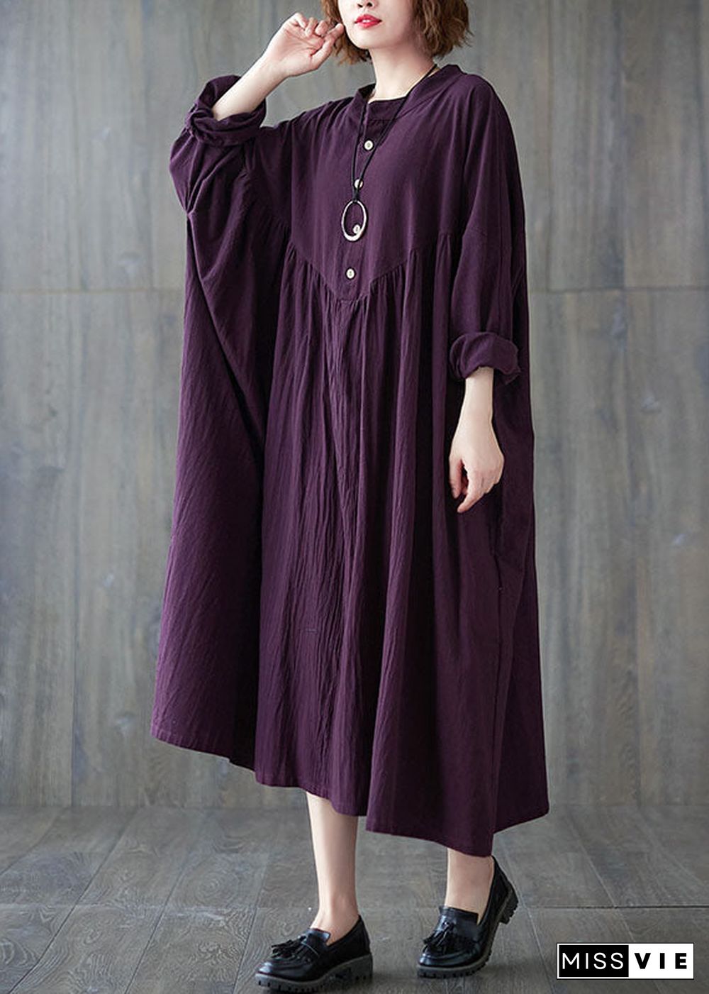 Purple wrinkled Cotton Casual Dresses Long Sleeve