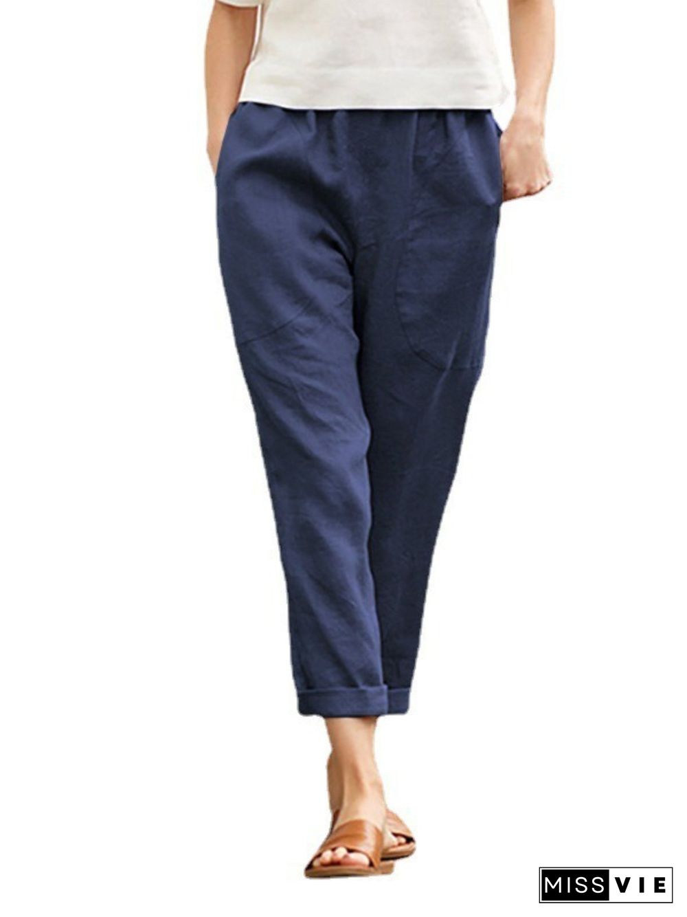 Vintage Pockets Plain Plus Size Casual Pants